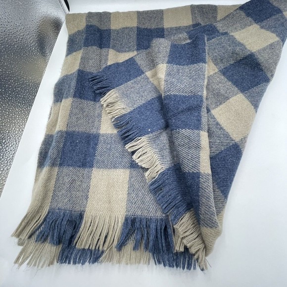 Unisex Fringe Scarf Blue Beige Viscose Plaid Long Rectangular 82 X 24.5 Inches - Picture 6 of 11